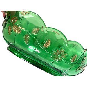 EAPG Bowl Emerald Green & Gold Paneled Dogwood Circa 1905 - 1915 Antique 12"